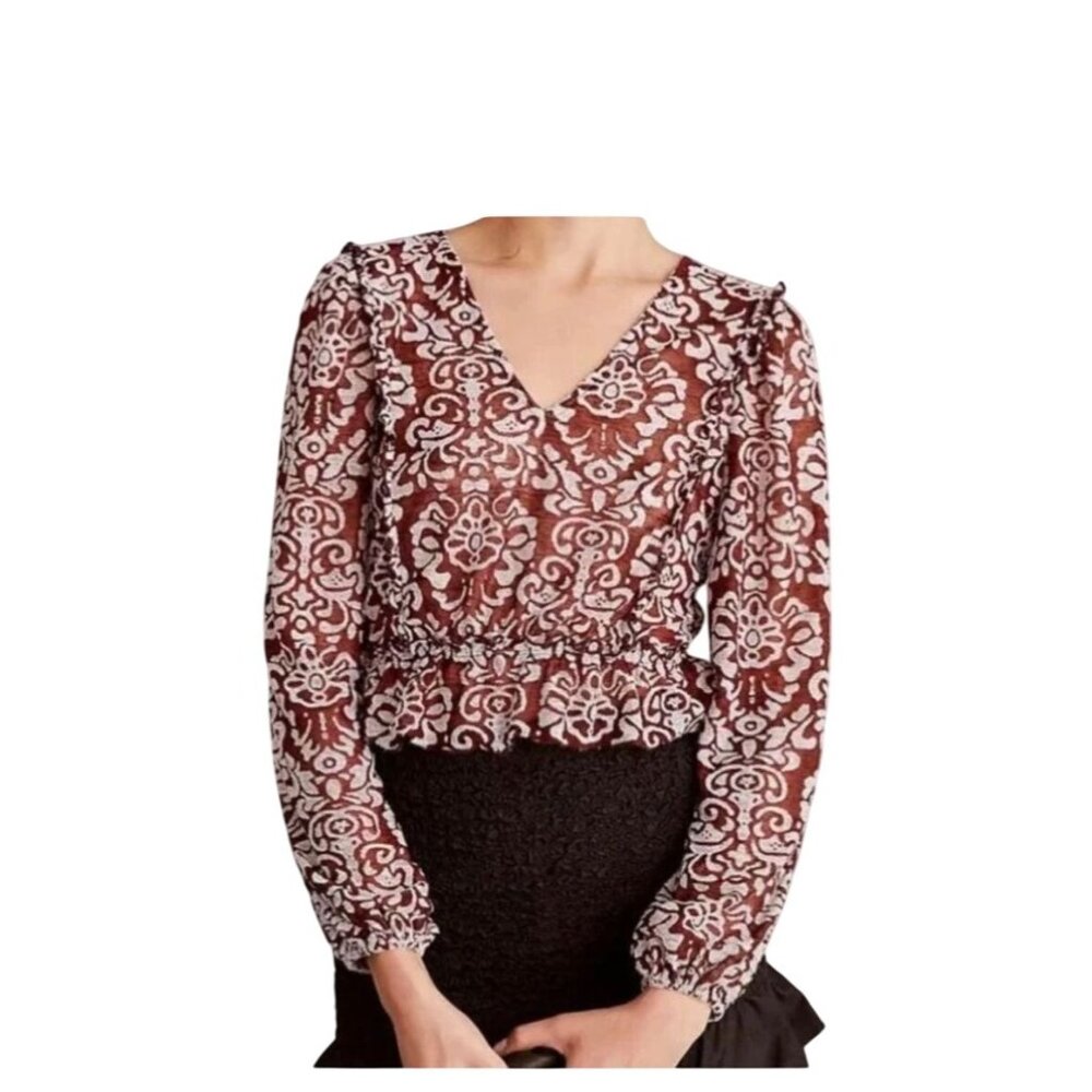 By Anthropologie Women's S Jacquard Cropped Long Sleeve Blouse - Picture 2 of 15